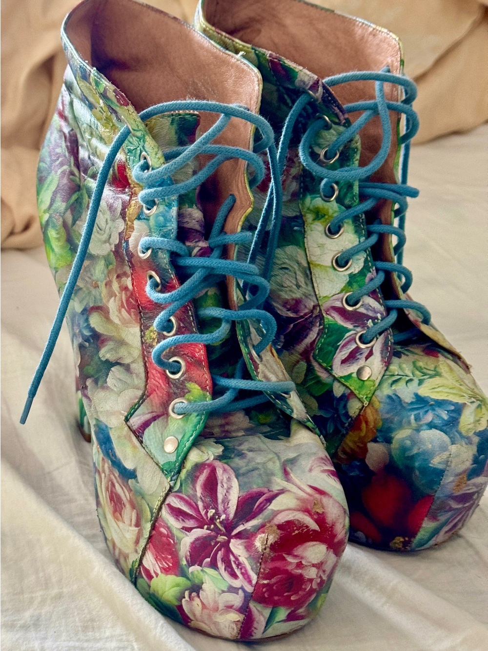 JEFFREY CAMPBELL Leather Floral Lace-Up Platform Heels SZ 9 Lita Style